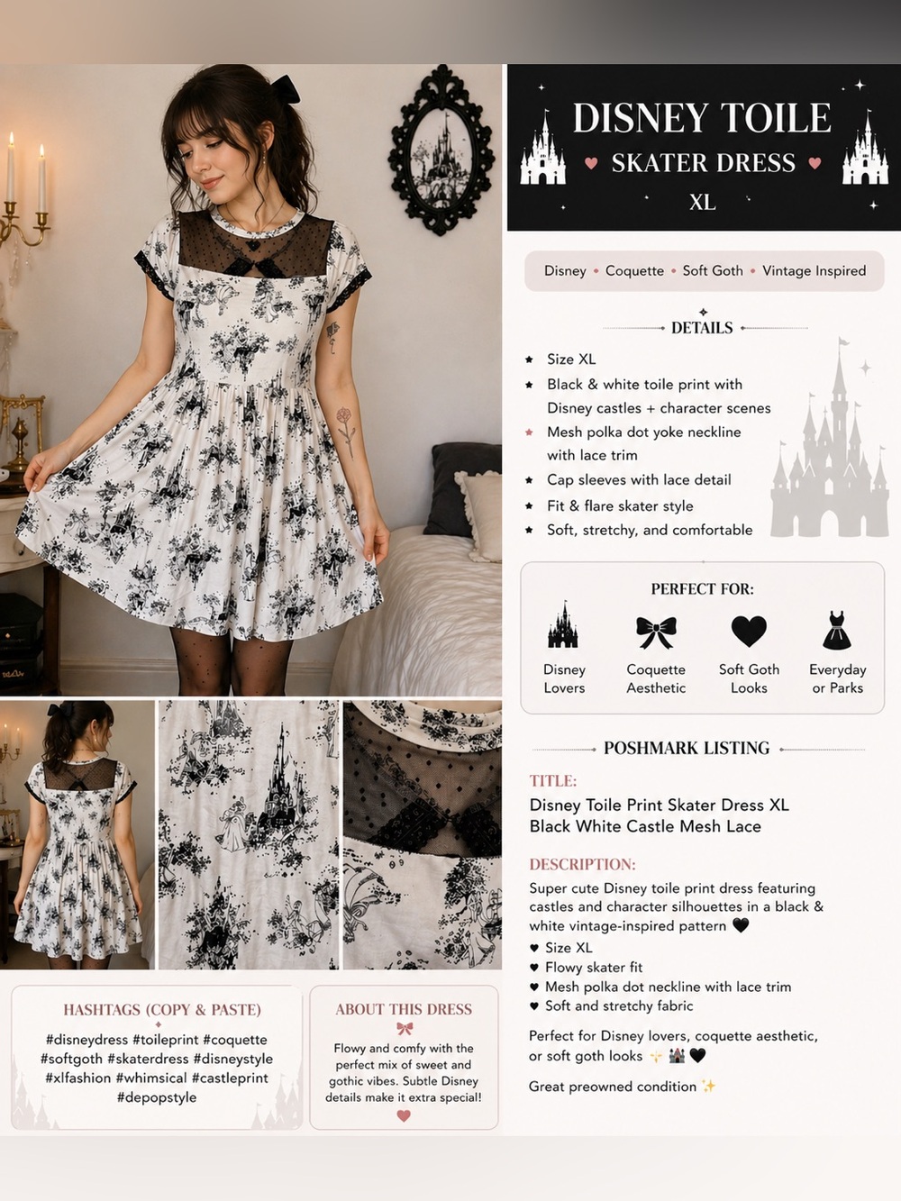 Disney Toile Print Skater Dress XL Black White Castle Mesh Lace - Picture 3 of 8